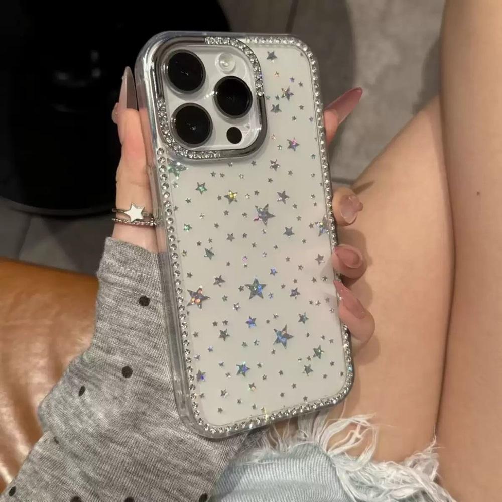 Роскошный чехол-бампер со стразами и лазерными звездами для iPhone 16 15 14 13 12 11 Pro Max Plus IMD Прозрачные противоударные чехлы-накладки