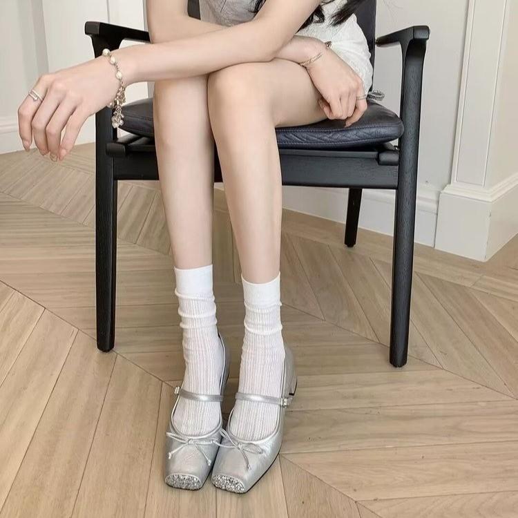 Mary Jane Single Shoes Women's New Light Mouth Square Head Thick Heel Ballet Shoes Silver Word with Bow High Heels