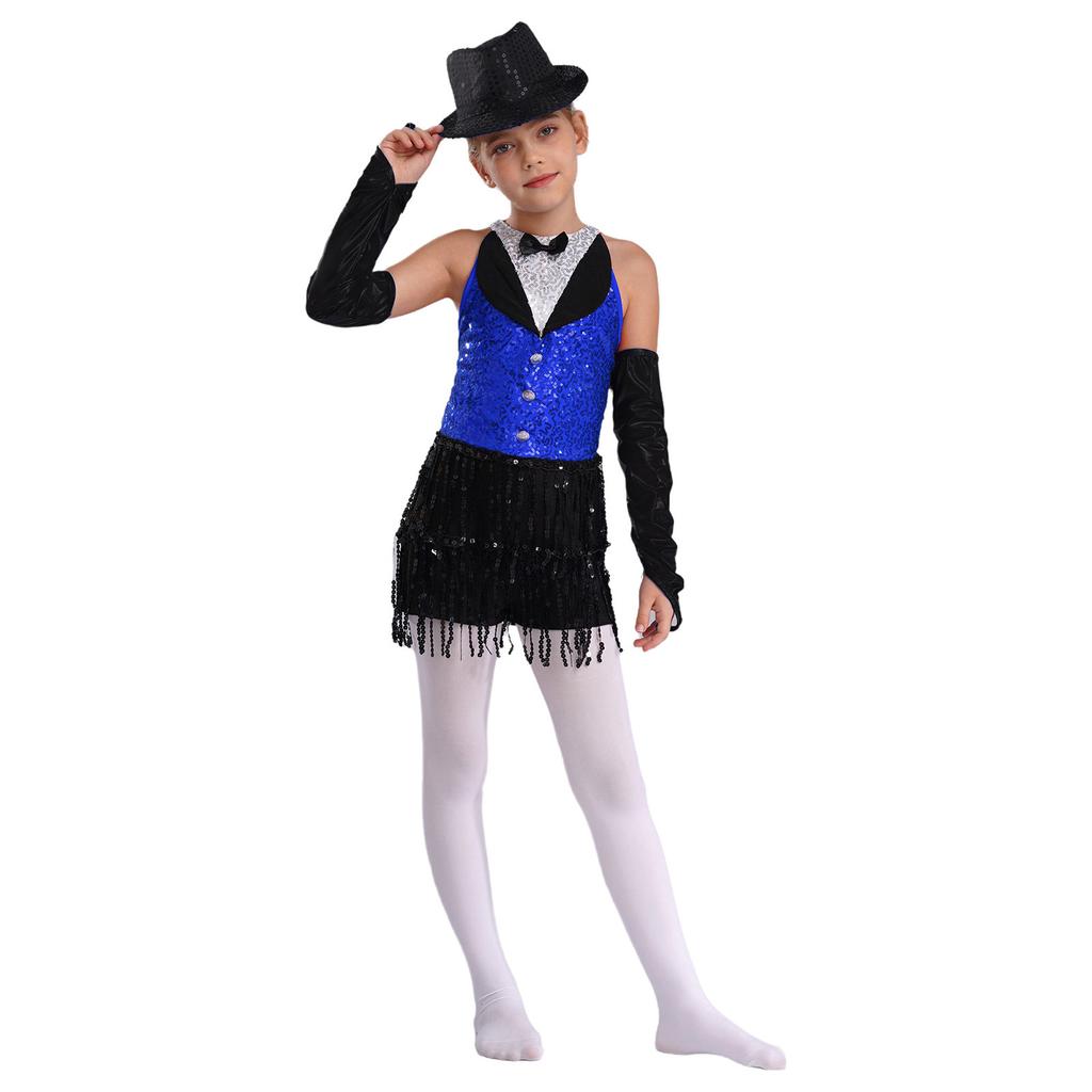 Латинский джазовый танцевальный купальник для девочек, без рукавов, с вырезом-замочной скважиной на спине, с пайетками, кисточками, металлическими перчатками и шапочкой