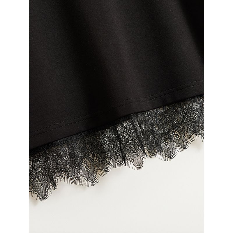 Gentle and Capable! Quality Life Women's Round Neck Stretch Cotton Patchwork Lace Fake Two-Piece Long T-shirt Sweat-Absorbent