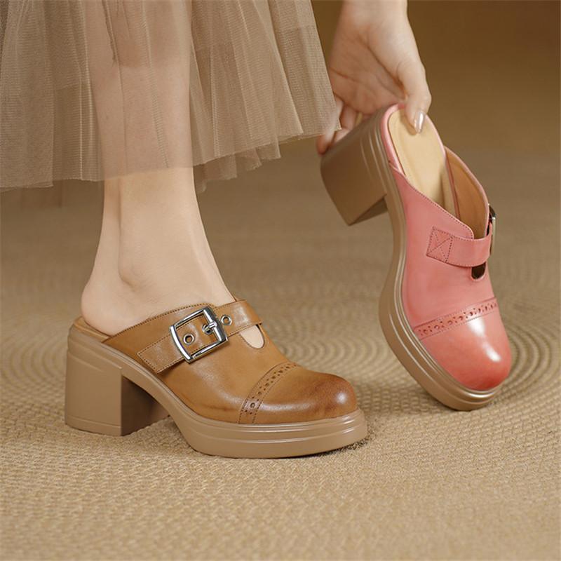 Модные новые летние тапочки, тапочки из натуральной кожи для женщин, модные мюли-броги, с круглым носком, на высоком каблуке, тапочки-сандалии с закрытым носком