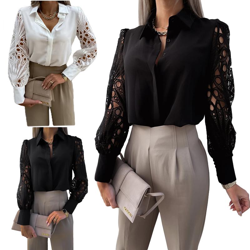 Womens Elegant V Neck Long Sleeve Blouse Shirt Floral Lace Patchwork Lady Tops