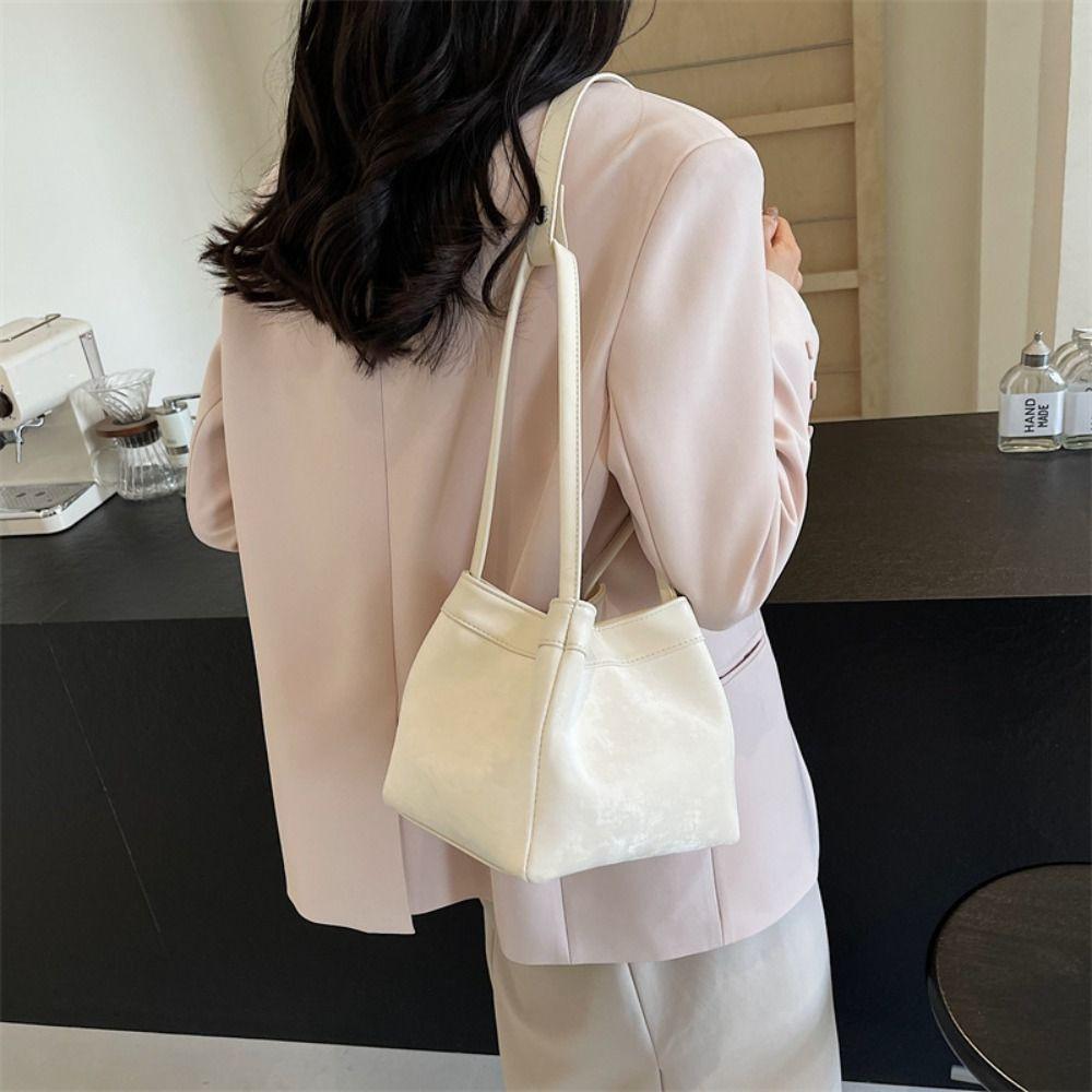 Large Capacity Vegetable Basket Bag Pure Color Shoulder Bag PU Leather Bucket Bag  Lady/Girls