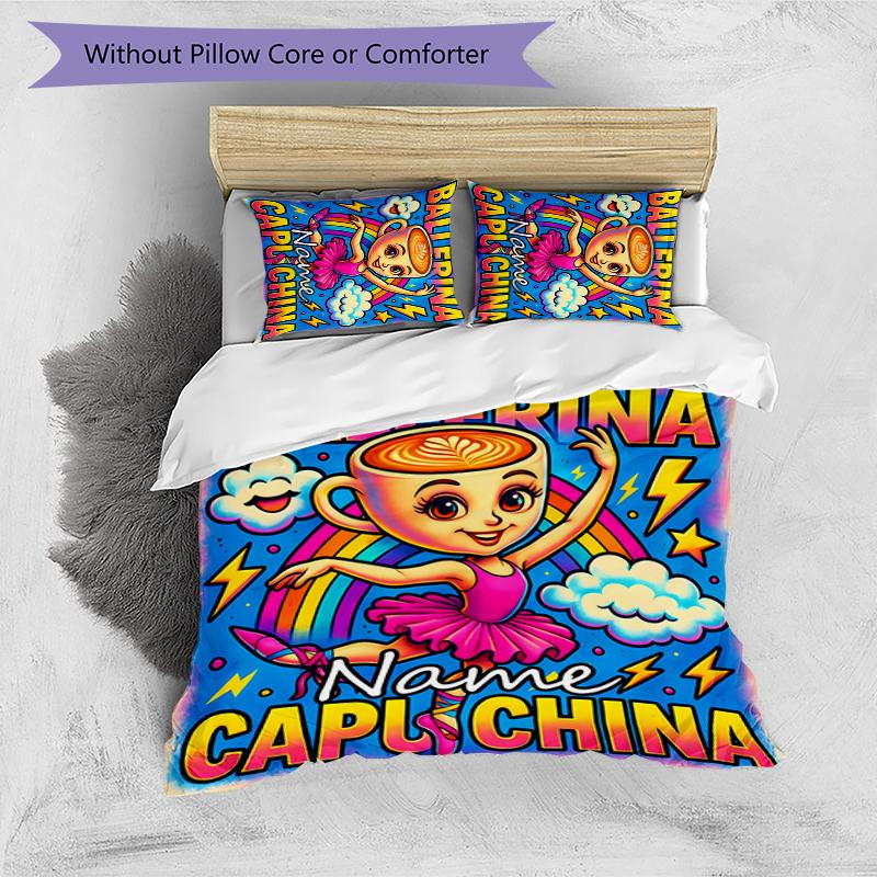 3pcs Custom Name Ballerina Capuchina Bedding Set Duvet Cover Closure Includes 1 Duvet Cover & 2 Pillowcases for All Seasons Bedroom Decor