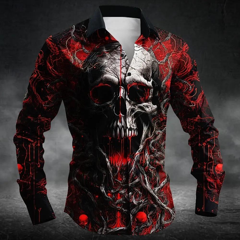 Gothic Skull Graphic Button-Up Long Sleeve Shirt, Fashion Essential