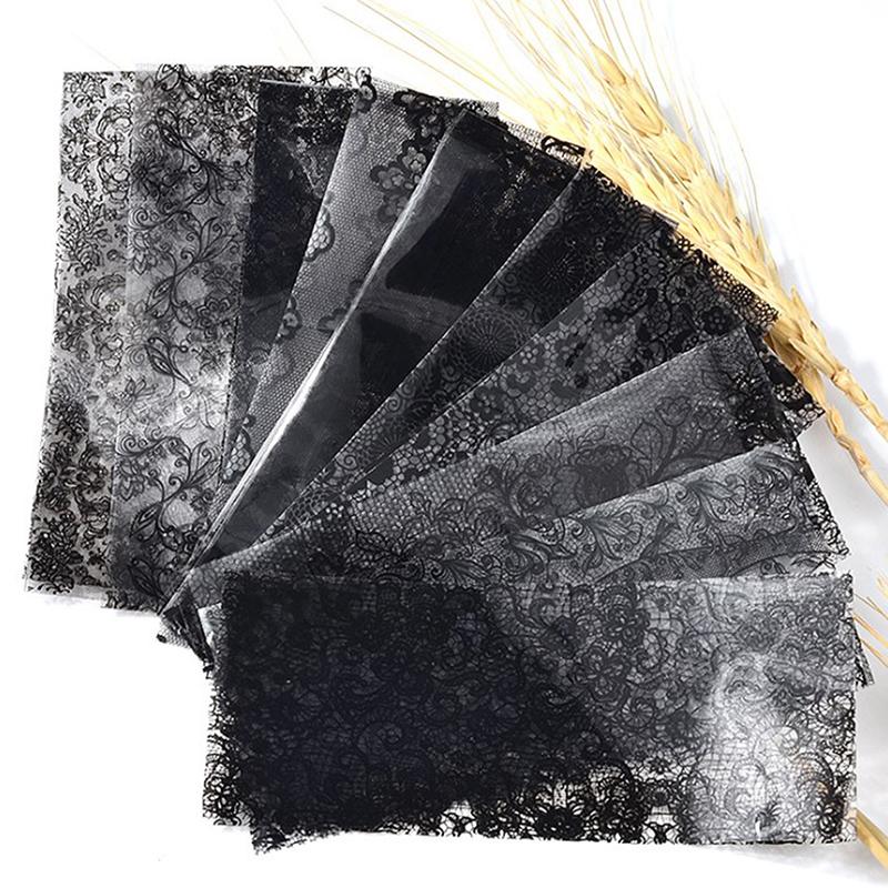 Набор из 10 шт. черных кружевных фольг для нейл-арта, топ, цветочный шарм, бумага для перевода на ногти