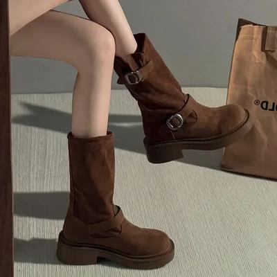 Винтажные женские ковбойские сапоги в стиле вестерн, модные туфли с пряжкой на поясе, осенне-зимние женские полусапожки на толстом каблуке до середины голени