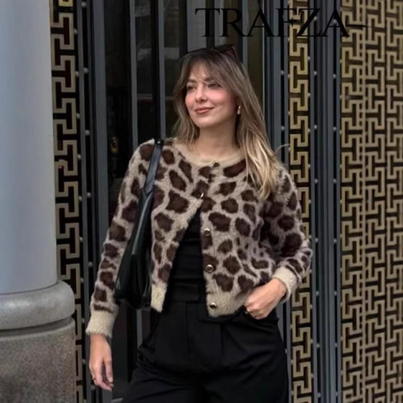 Womens Round Neck Animal Print Faux Fur Knit Coat Streetwear