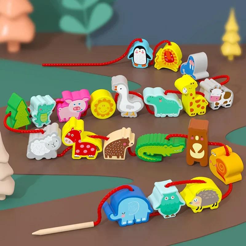 42 шт. Деревянные игрушки с бусинами, Детские мультяшные фрукты, животные, Нанизывание деревянных бусин, Сделай сам, Игрушки Монтессори, Детские развивающие игры