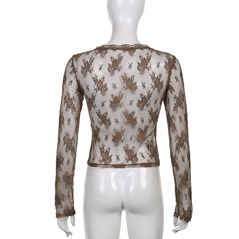 Женская сетчатая кружевная блузка, летняя тонкая перспективная топ с длинным рукавом и v-образным воротником, кружевные кардиганы, рубашка, укороченные топы