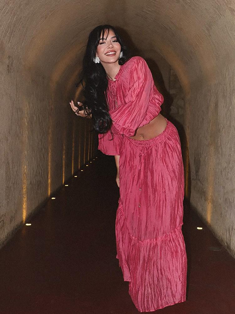 Женский комплект ZA Весна 2025 Европейский и американский стиль Жатый волан Стойка Короткий топ и юбка миди