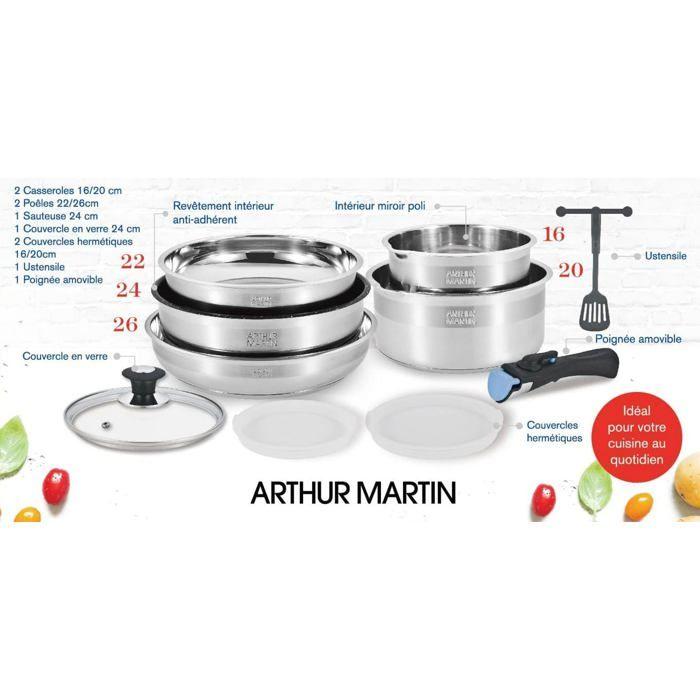 Arthur Martin AM0025 Batterie de cuisine amovible 10 pièces Acier Inoxydable Casserole avec bec verseur Poignée amovible tous fe63