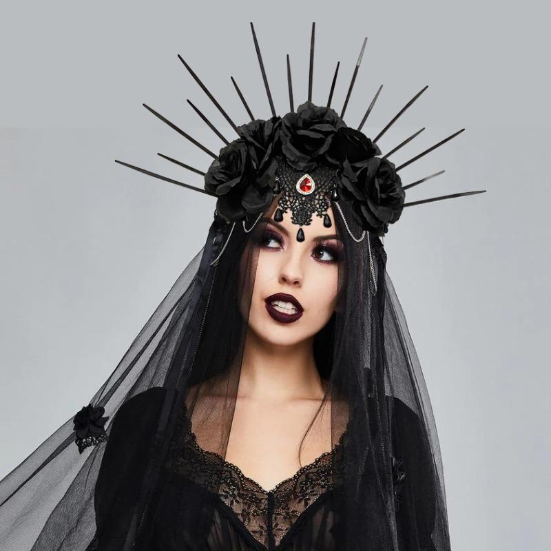 Halloween Wedding Dress Veil Headband Goth Crown Mesh Black Rose Retro