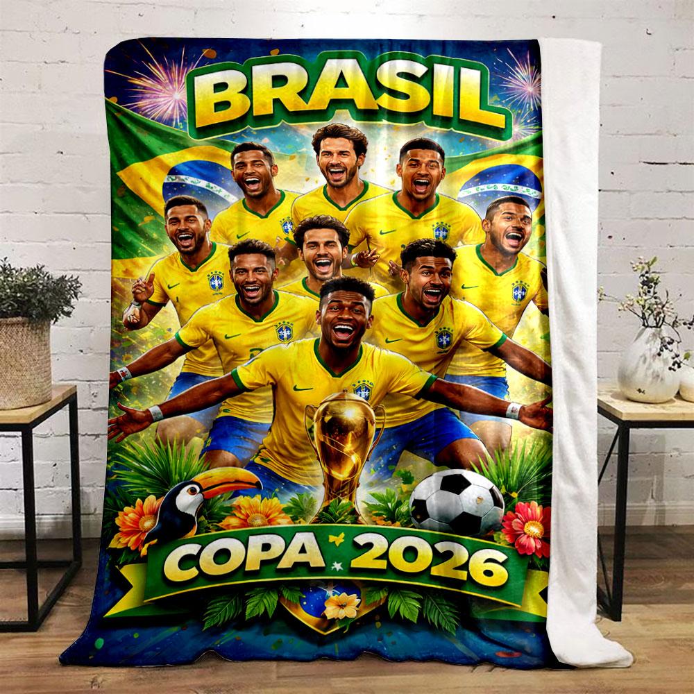 Soccer team in yellow jerseys with Brazil flags and Copa 2026 below. for all seasons blanket lunch break throw gift
