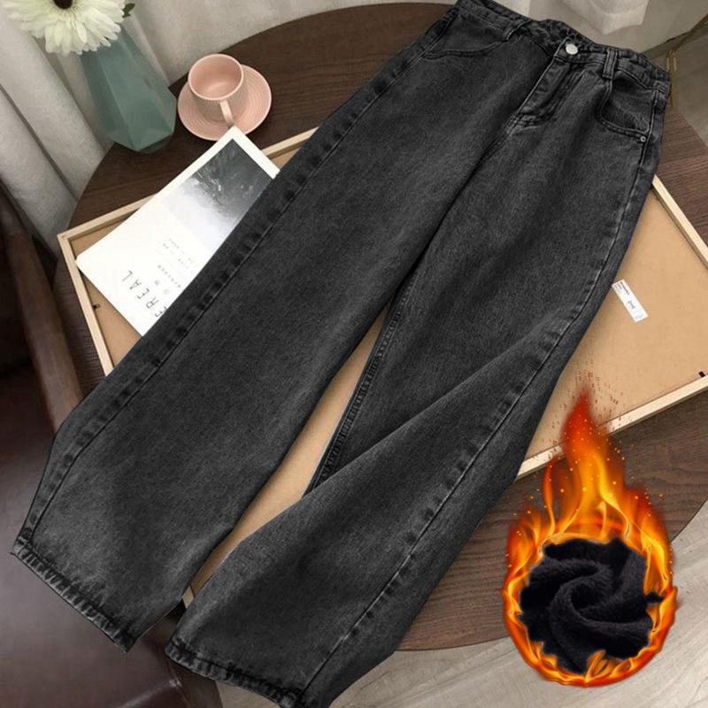 Джинсы корейского образца с высокой талией и бархатной подкладкой, широкие, для девочек — теплые, утягивающие, длиной до пола