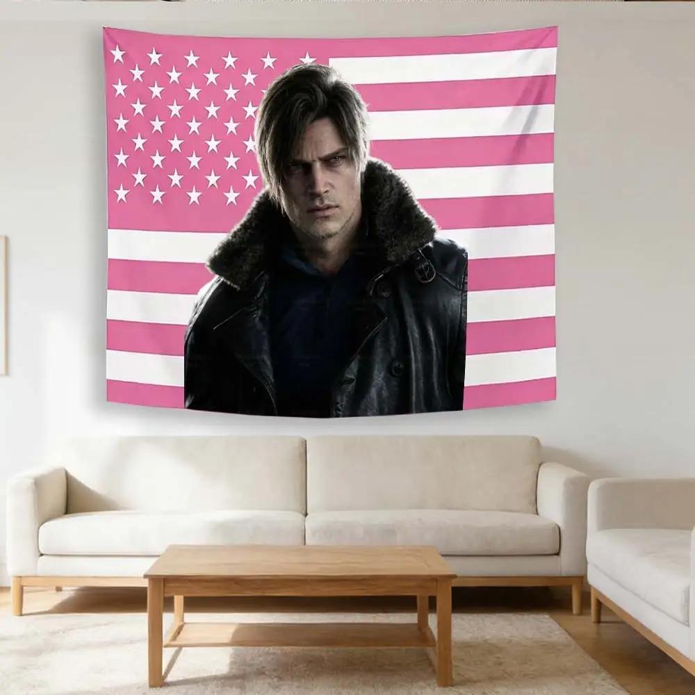 LLeon KKennedy Pink USA Flag Tapestry Game Character Wall Hanging for Bedroom Dorm Decor