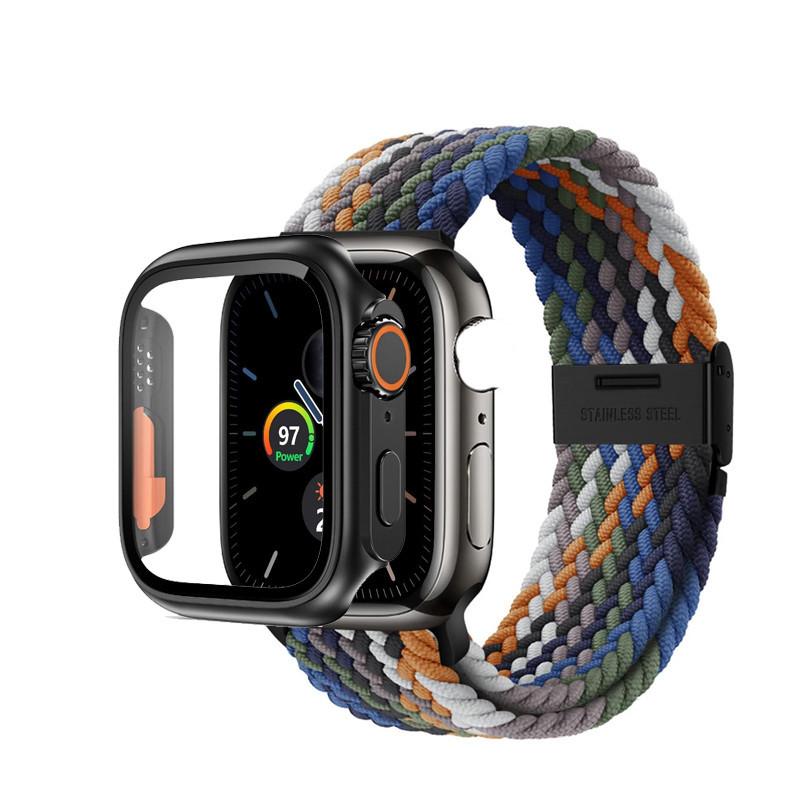 Нейлоновый ремешок и чехол для ПК, эластичный тканый браслет, защитный чехол для Apple Watch Series 9, 8, 7, 6, 5 Se 4 I Watch 45 мм, 44 мм, 40 мм, 41 мм