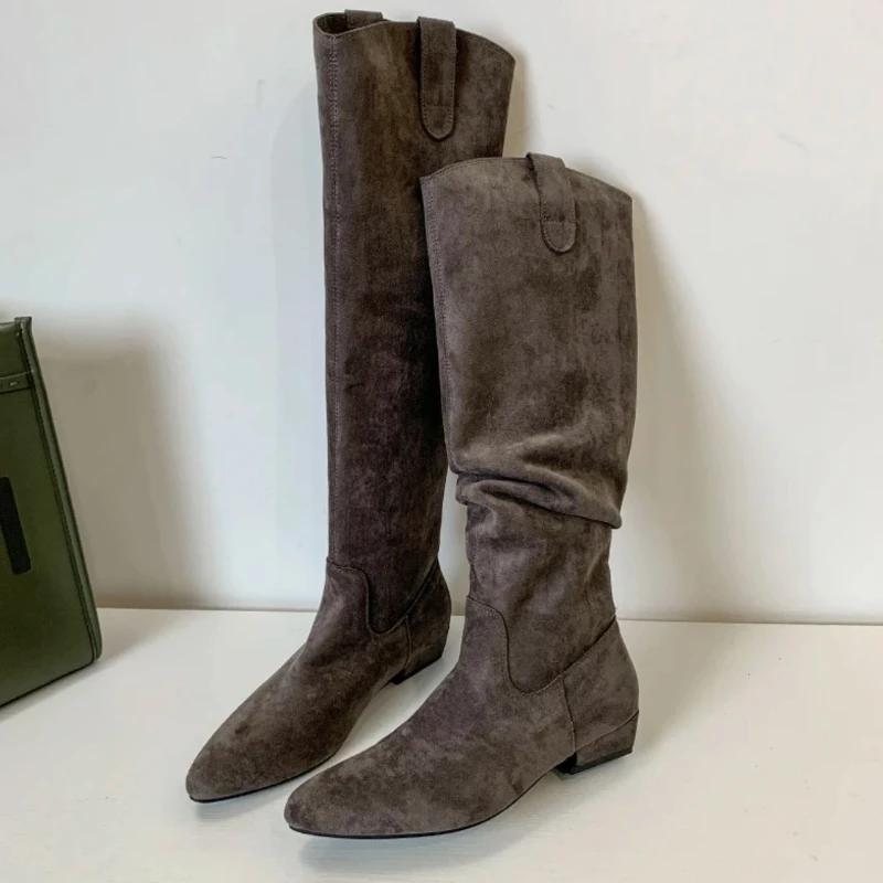 Women's High Boots Pointed Toe Square Heel Suede Roman Style Brown Knee-high Boots Women's Casual Low Heel Versatile Botas Mujer