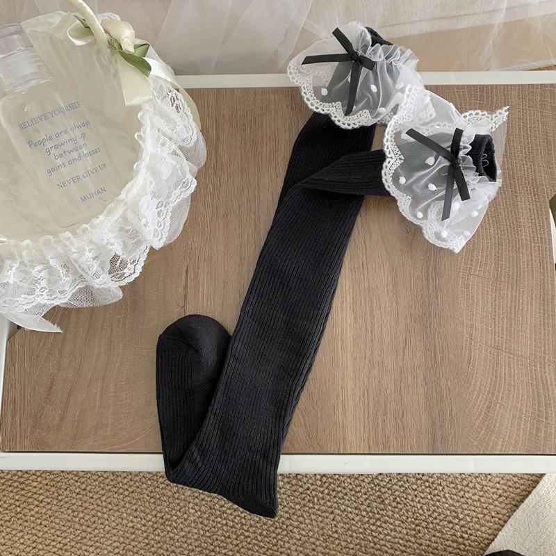 Однотонные высокие кружевные милые чулки в стиле Лолиты, толстые теплые черные белые длинные носки для женщин