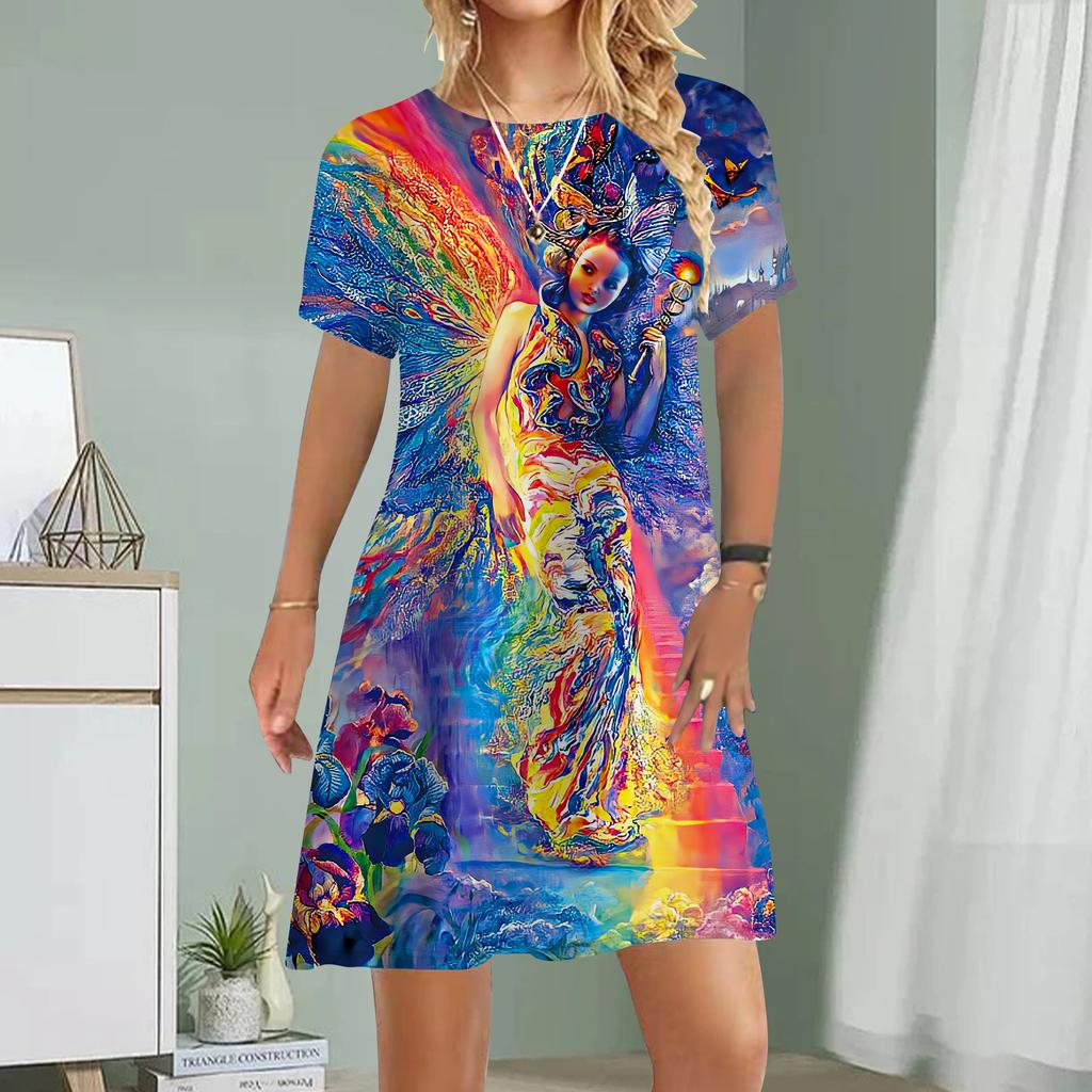 Женское повседневное платье Летние платья с принтом мифологии для женщин с круглым вырезом и коротким рукавом Платье размера плюс