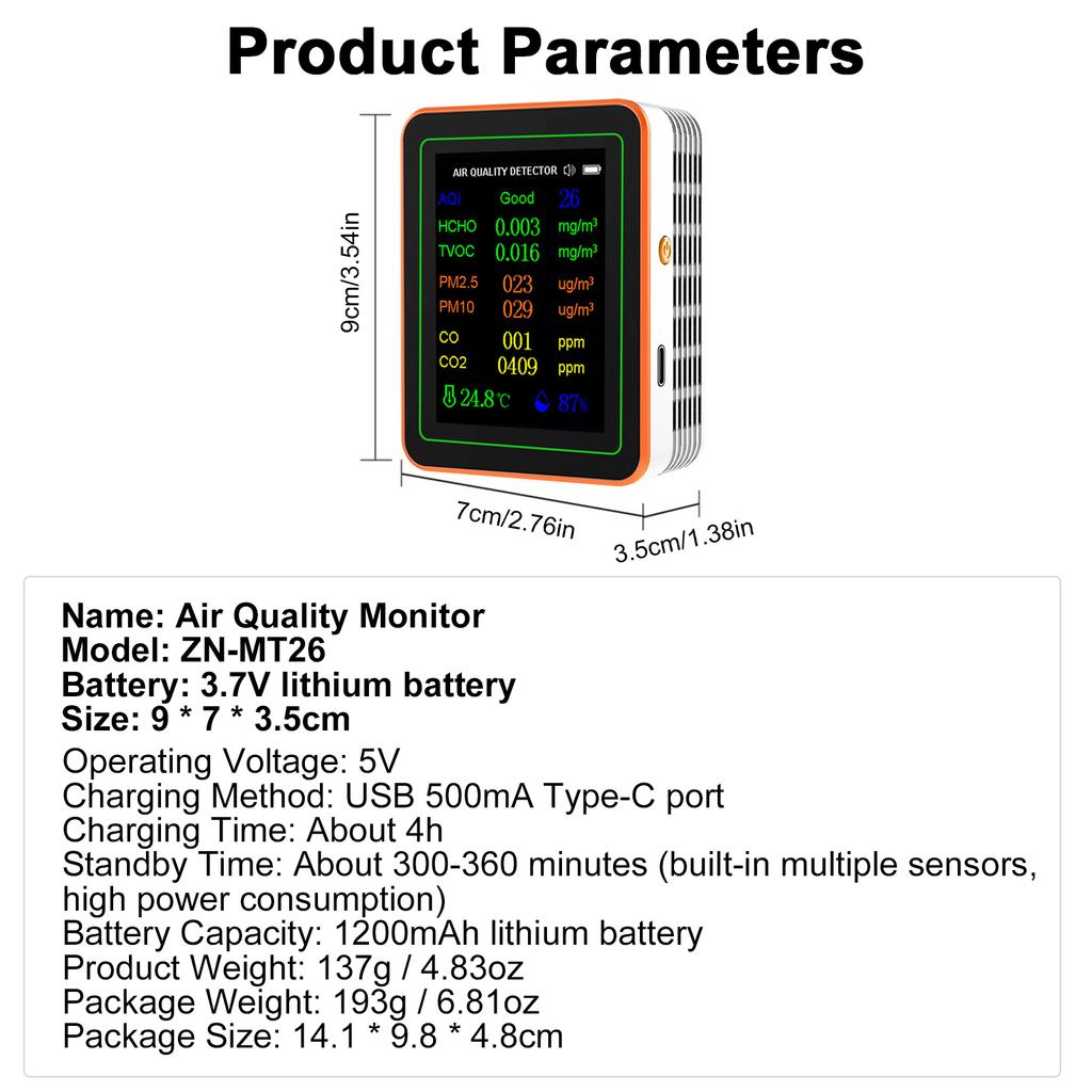 10 в 1 монитор качества воздуха PM2.5 PM10 CO CO2 TVOC HCHO AQI Температура Влажность и просмотр кривой