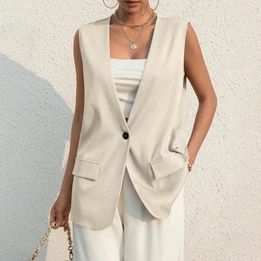 Ladies Summer Suit Jacket Work Casual Sleeveless V-Neck Single Button Solid Color Suit Vest