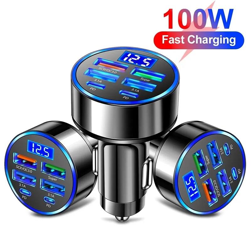 6 Ports USB Car Charger 4 USB+2 PD Fast Charging PD QC3.0 USB C Car Phone Charger Type C Adapter For iPhone Samsung Huawei With Voltage Display