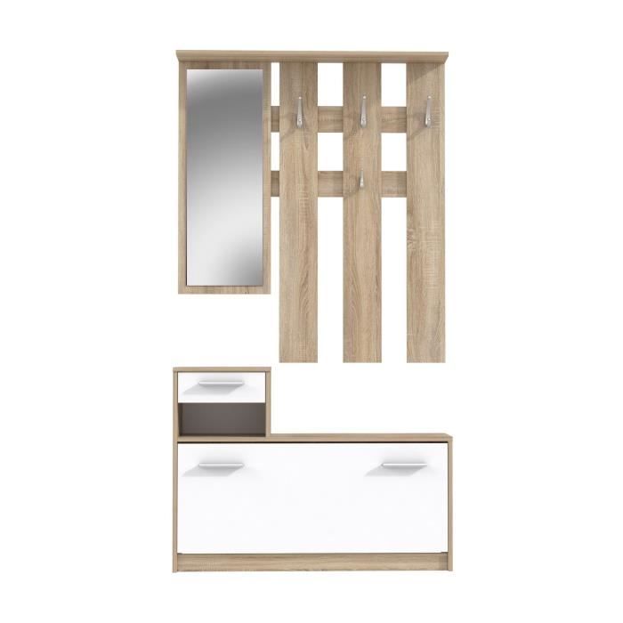 PEILI Vestiaire d'entrée avec miroir scandinave décor chêne et blanc - L 97 cm