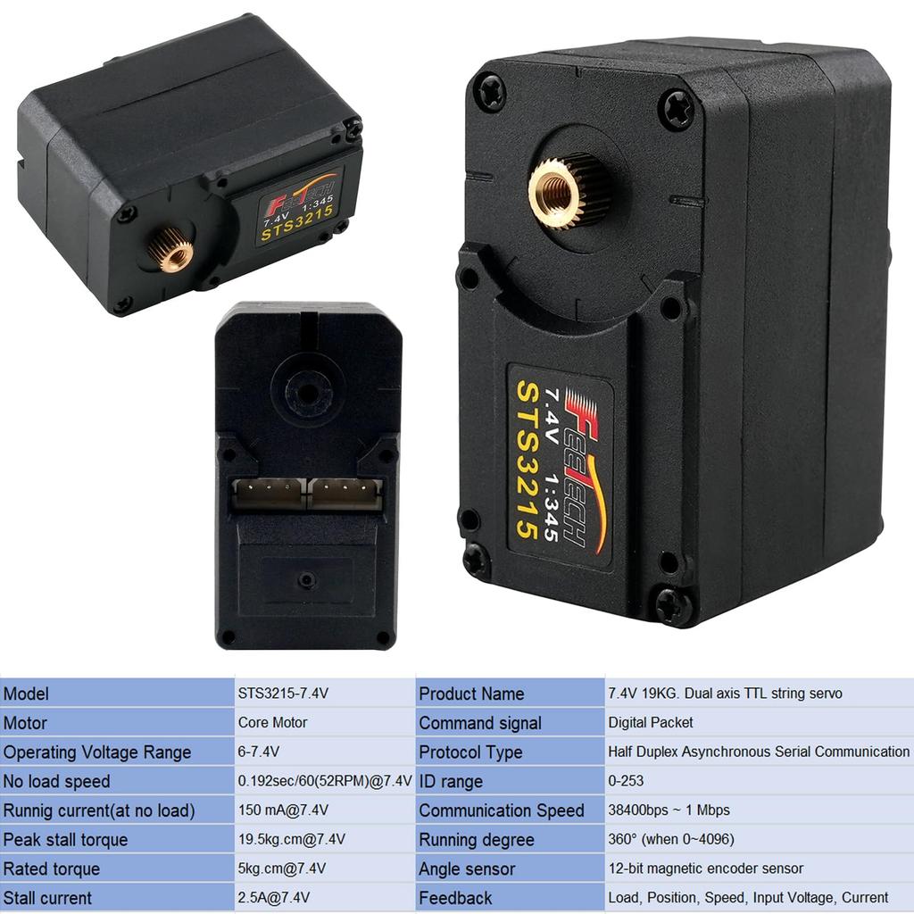 2pcs STS3215 7.4V 19KG Dual Axis TTL Serial Bus Smart Robot Servo 360 Degree Metal Gear 12-Bit Magnetic Coding Programmable Servo for Robot Arm