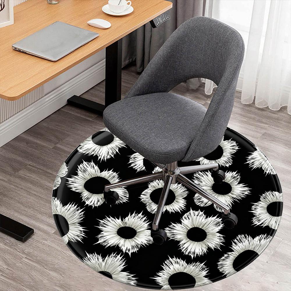1 шт. Черно-белый цветочный узор Круглый коврик для стула Офисная ковровая дорожка - Нескользящий, Напольный коврик для офиса, спальни, Идеальный подарок для декора дома p0105048