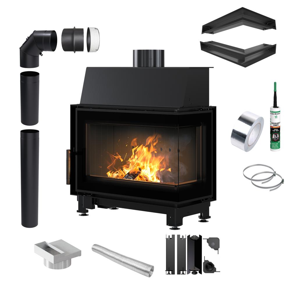 KRATKI SIMPLE Right Steel Air Fireplace 6 kW Ø 150 black lining