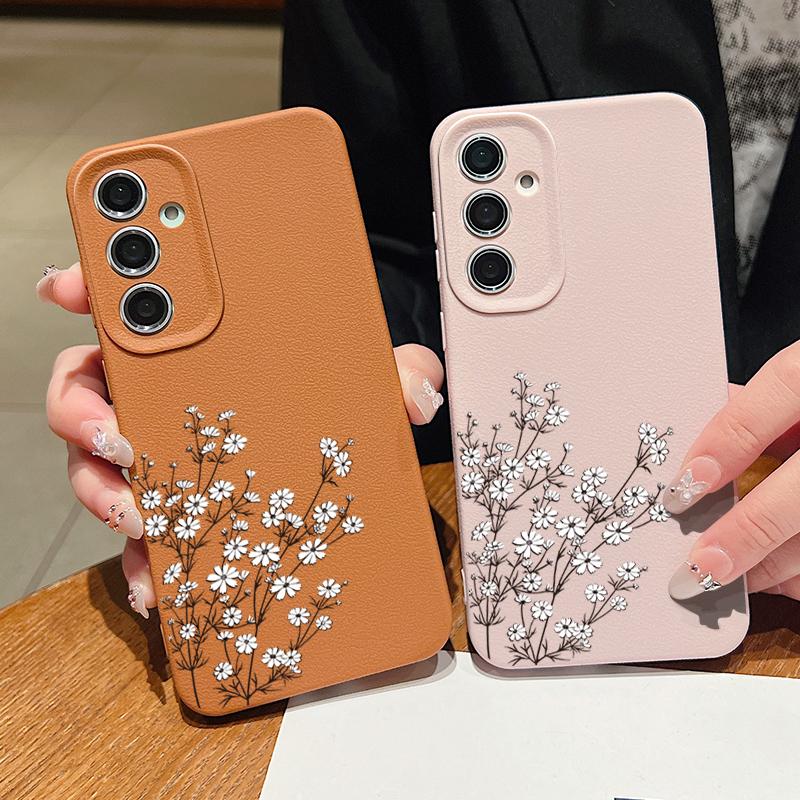 Тонкий чехол для телефона из ТПУ с цветочным принтом и текстурой из кожи для Samsung S25 Ultra S24 FE S23 S22 A56 A36 A16 A15 A55 A35, матовый противоударный мягкий чехол-бампер