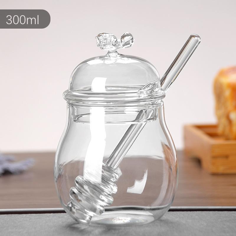 Glass Honey Jar Glass Honeycomb Tank Kitchen Tools Honey Storage Container with Dipper and Lid Honey Bottle for Party Kitchen