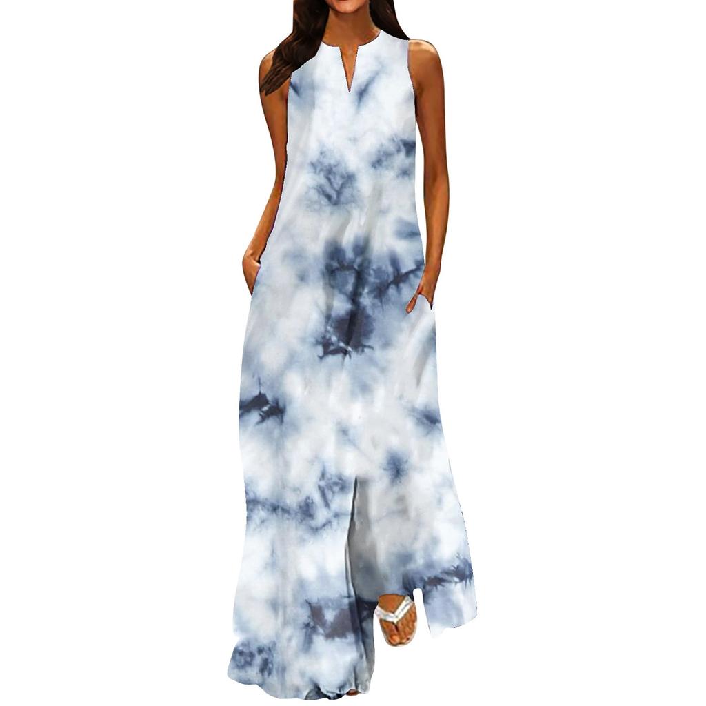 Женское новое весенне-летнее модное классическое длинное платье без рукавов с цветным принтом и v-образным вырезом