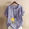 Женская модная футболка с цветочным принтом и круглым вырезом, с коротким рукавом, повседневная хлопково-льняная рубашка с рисунком, свободная летняя блузка для отдыха, топы