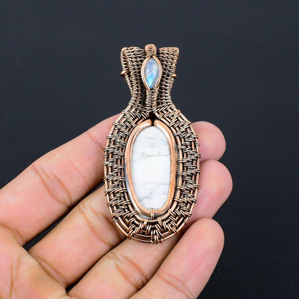 Unique Howlite & Moonstone Gemstone Handmade Jewelry Pure Copper Wire Wrap Pendant