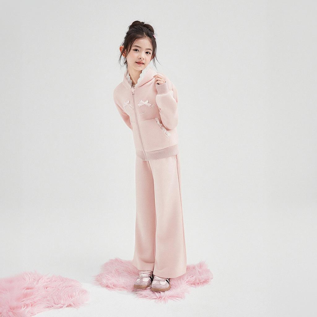 Girls' Hooded Zipper Top and Wide Leg Pants Set