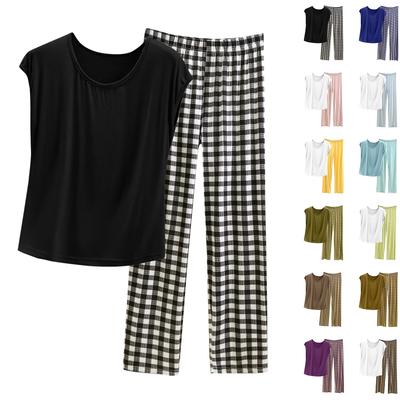 Женский повседневный и удобный топ с круглым вырезом однотонной расцветки и брюки с клетчатым принтом большого размера