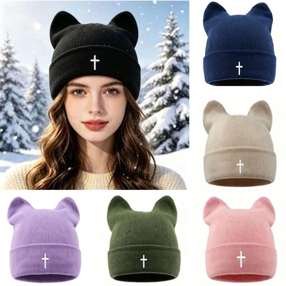 Thickened Cat Ear Beanies Cap Windproof Winter Bomber Hat Cute Knitted Woolen Hat for Women