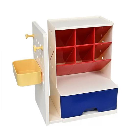 Adjustable Side Hook Board Pen Organizer with Retractable Bookends And Pegboard, Multi-Functional Angled Makeup Desk Holder Brush Holder, Compact