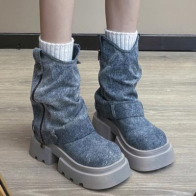 Женские зимние сапоги на ковбойской платформе, дизайнерские туфли на среднем каблуке, массивные мотоциклетные сапоги до середины голени, зимние трендовые готические женские сапоги Zapatos