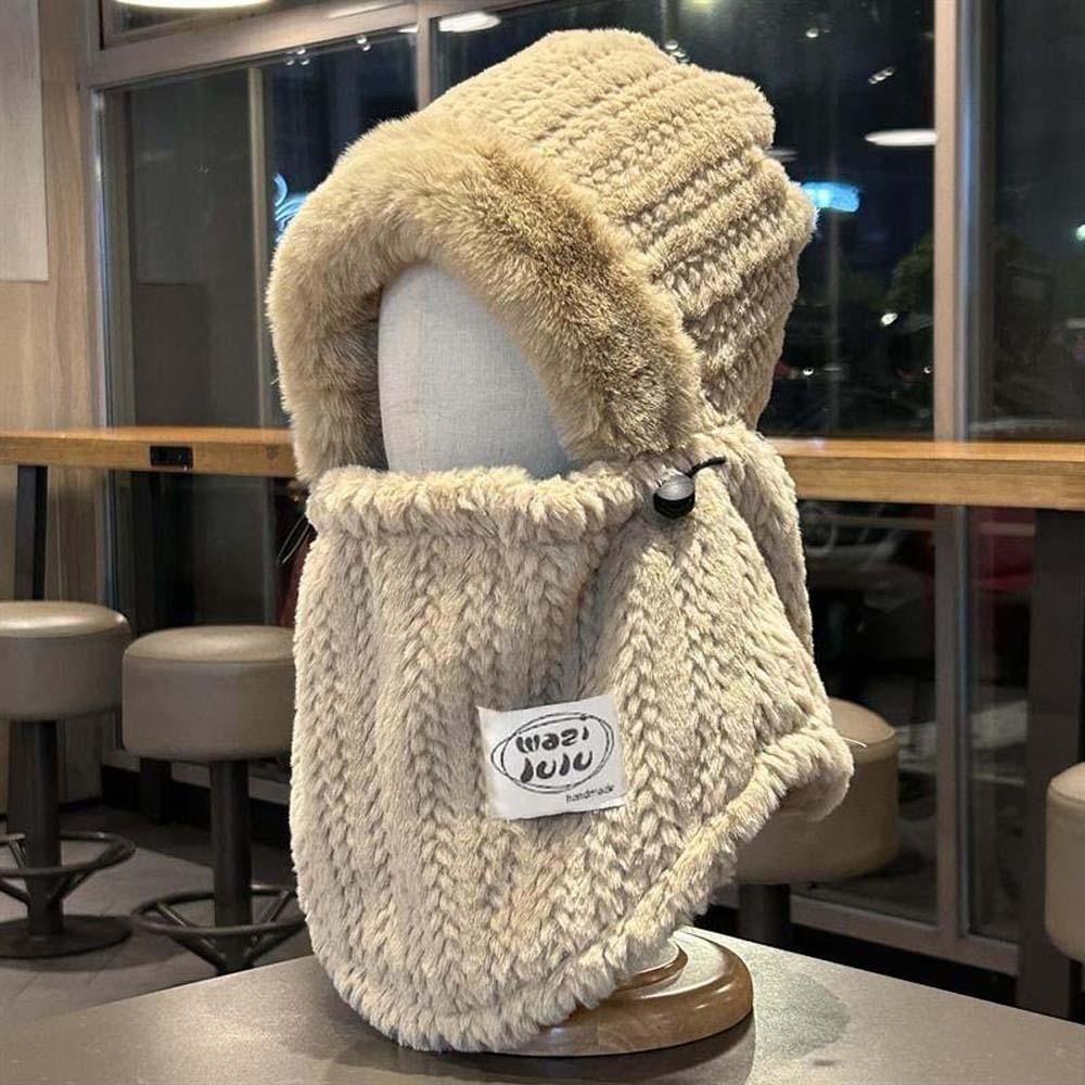 4 in 1 Winter Integrated Scarf Cap Plush Pullover Mask Cap Balaclava Hat Mask Woolen Hat Women