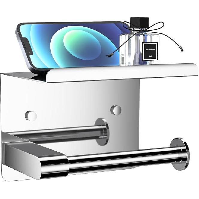 Matte Black Toilet Paper Holder with Shelf, Fits Mega Rolls, Rustproof Stainless Steel, Self Adhesive Wall Mount Toilet Paper Roll Holder, for