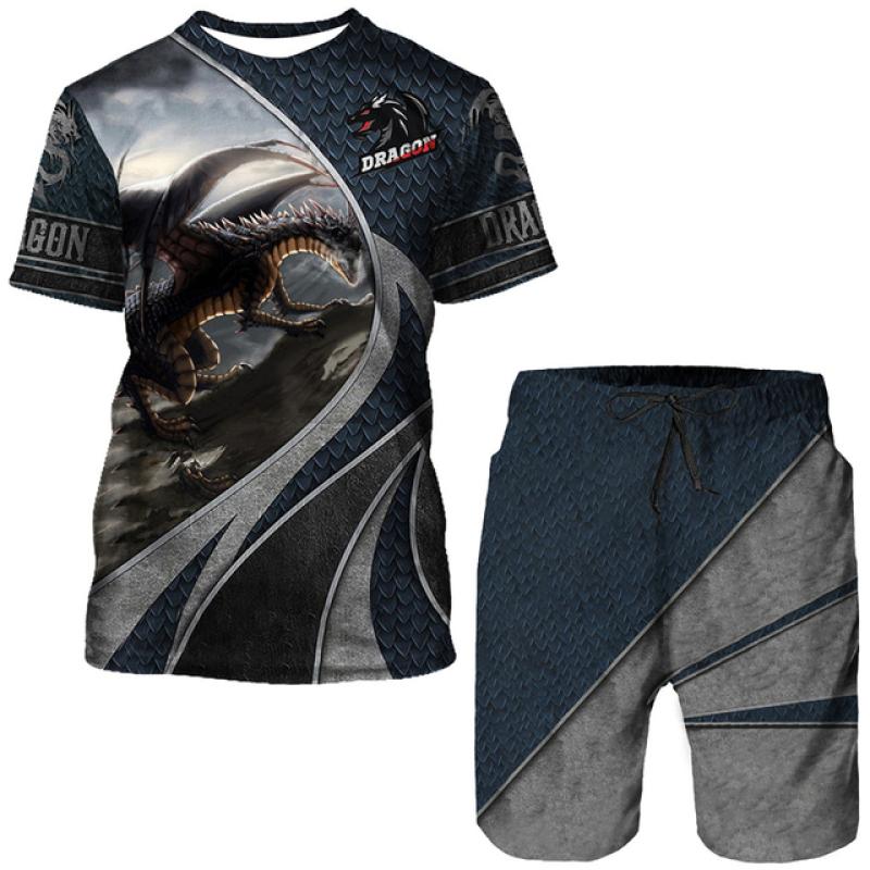 Мужская футболка/костюм с 3D принтом Flying Dragon Totem Art, летний крутой топ с короткими рукавами + шорты, комплект, готический спортивный костюм в стиле хип-хоп