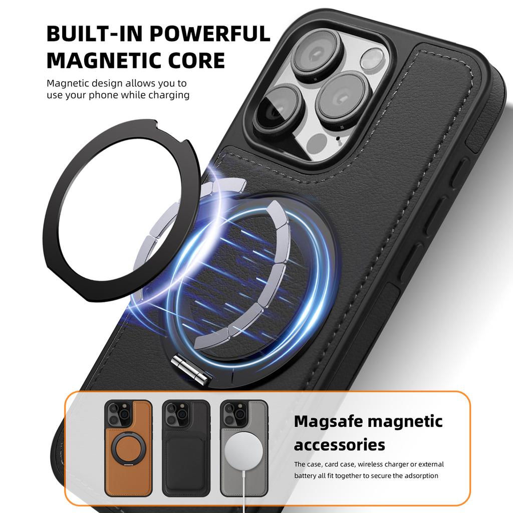 For iPhone 13 Pro Case with Ring Kickstand Compatible with MagSafe PU Leather Back Cover