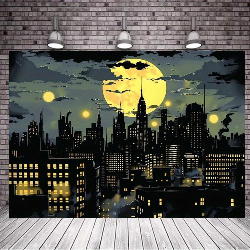 Superhero City Skyline with Bat Background - Bright polyester party banner, suitable for photography, birthdays and events