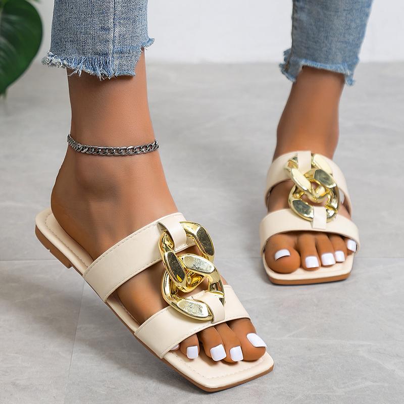 2024 New Summer Women's Slippers Fashion Metal Chain Sandals Open Toe Sandals Women Flat Casual Slippers Women Summer Slipper