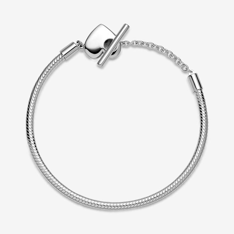 Charms Sterling Solid Tone Bracelets Heart Original Chain Sparkling Blue Disc Clasp Snake Chain Wrist Bracelet Women JewelryFashion