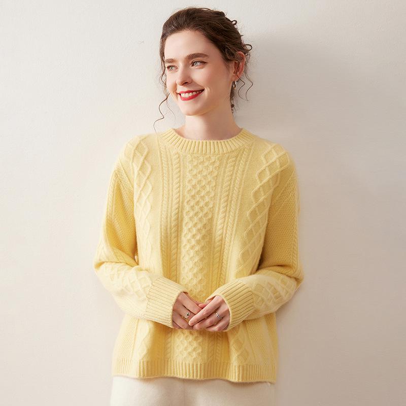 Women's Loose Fit Round Neck Cashmere Sweater: Thick Warm Cable Knit Pullover, Pure Color Korean Style.