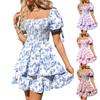 Women's Fashionable Floral Print Square Neck Pleated Short Sleeved Vacation Casual Dress